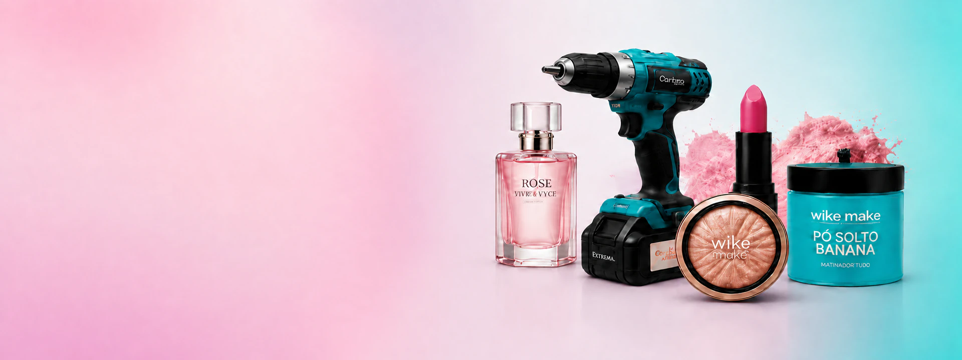 Ferramentas, perfumes e maquiagem representando os segmentos da Com Precin
